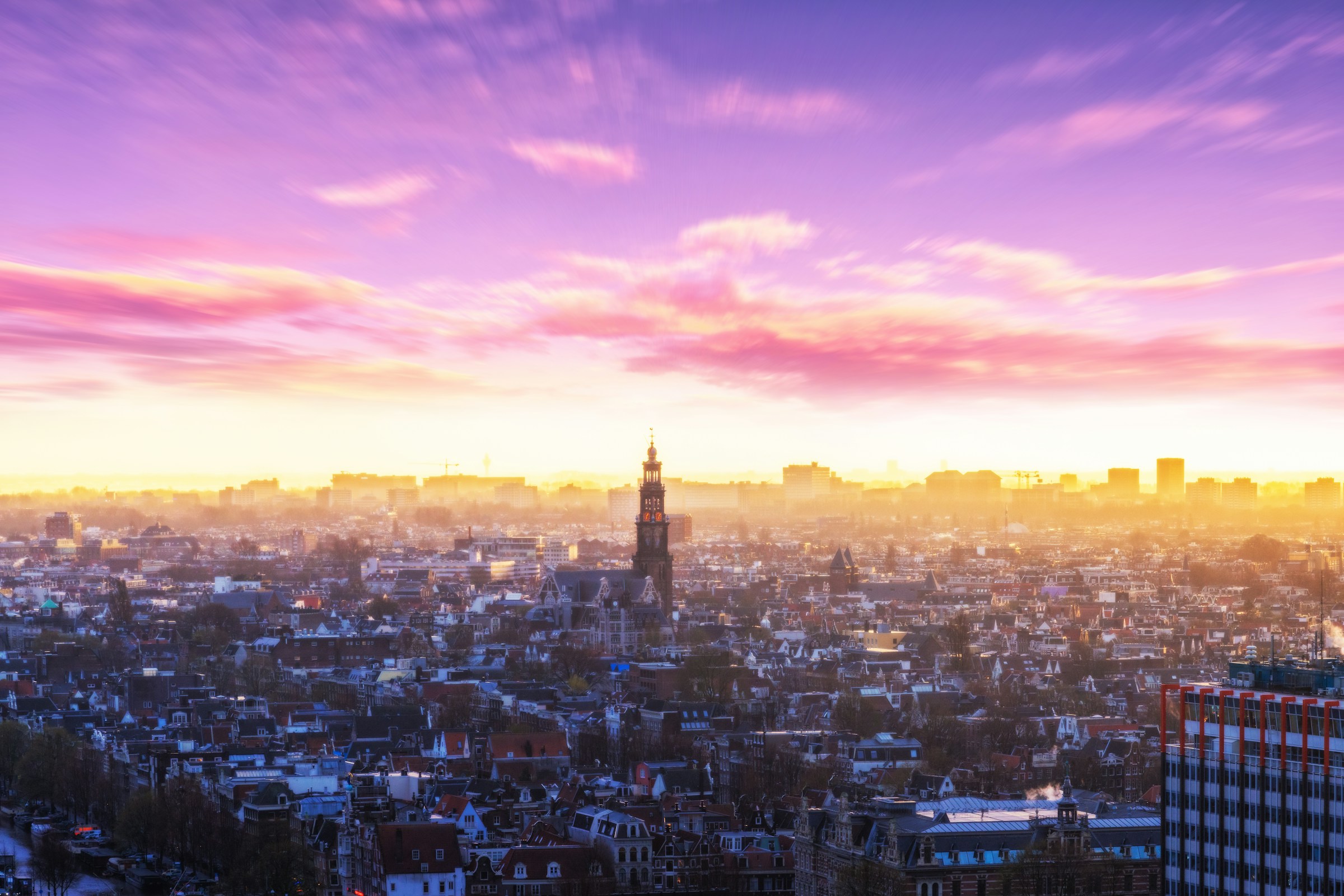 Amsterdam skyline at sunset